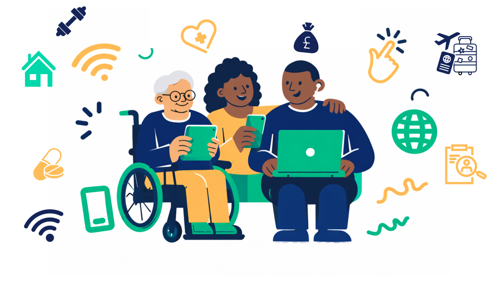 people of different ages and backgrounds sitting together and using smartphones, tablets, and a laptop. The scene uses blue, teal, gold, and white colours and includes digital icons like Wi-Fi and a globe, representing digital inclusion and reducing health inequalities through access to technology.